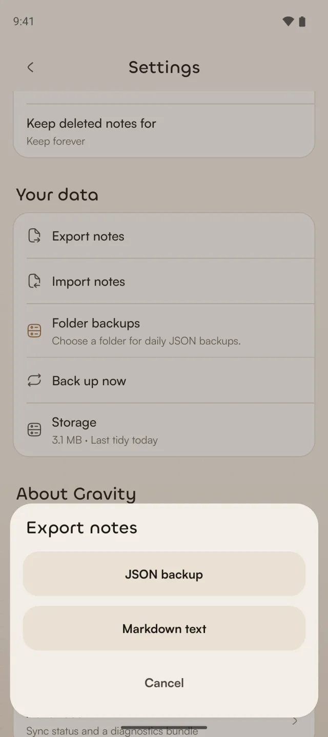 Gravity settings on Android under Your data, with Export notes, Import notes, Folder backups for daily JSON backups and Back up now, and an export sheet offering JSON backup or Markdown text