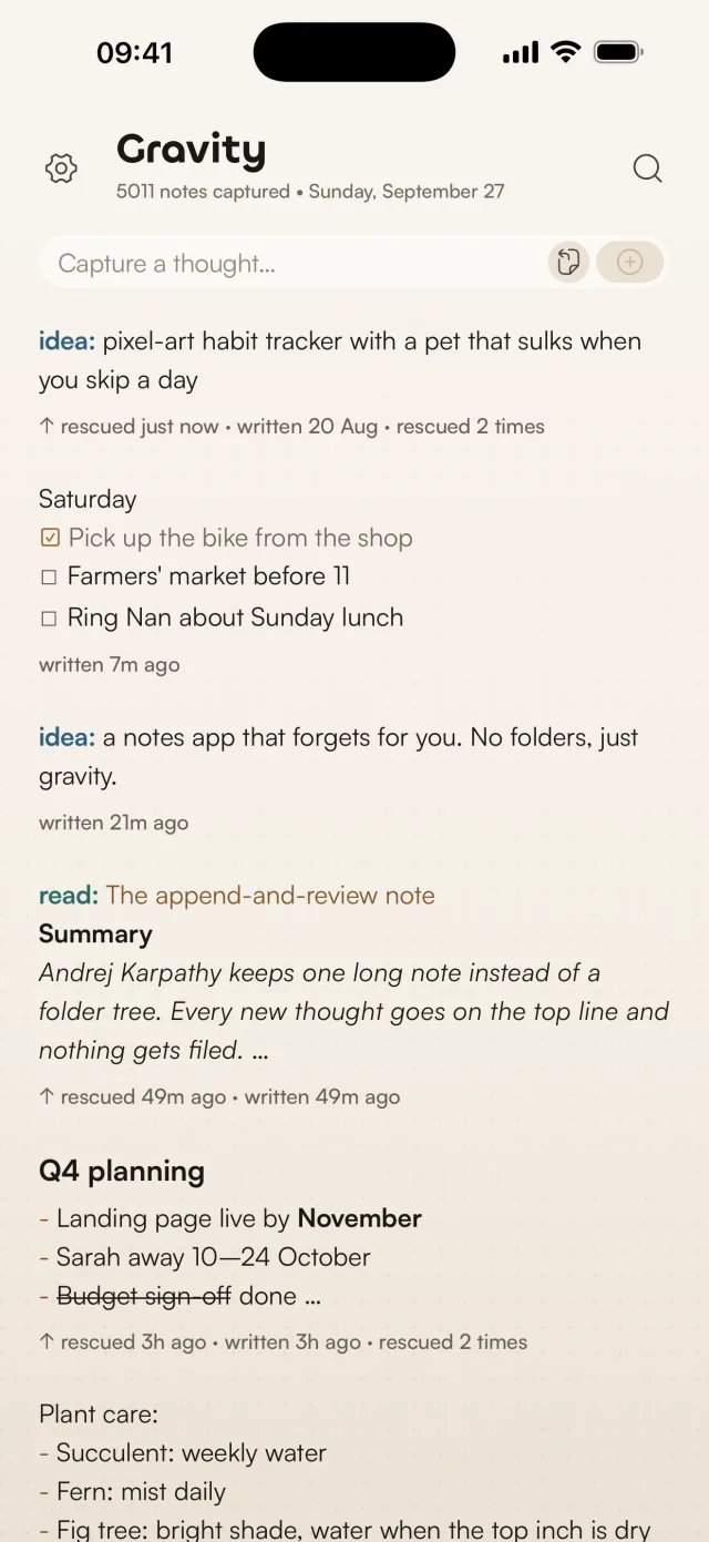 Gravity on iPhone straight after a rescue: the pixel-art habit tracker idea at the top of the stream, marked rescued just now, written 20 Aug, rescued 2 times