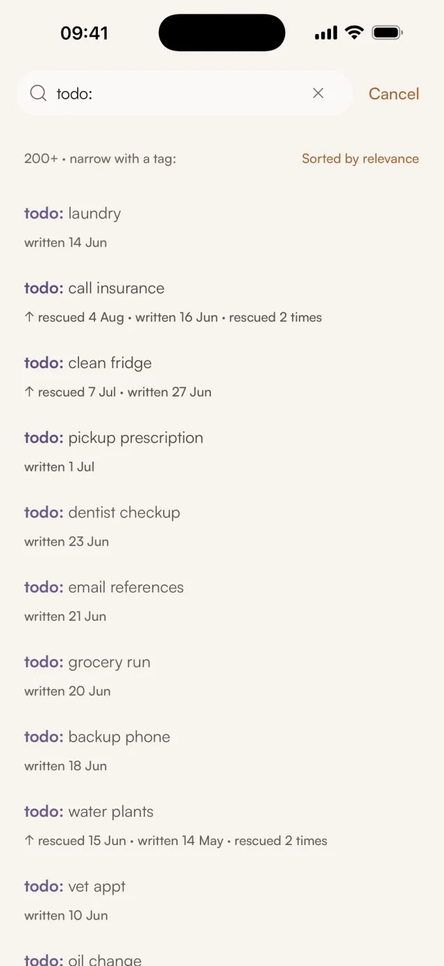 Gravity search on iPhone with todo: typed, showing more than 200 to-dos sorted by relevance, including laundry, call insurance and clean fridge, some marked as rescued