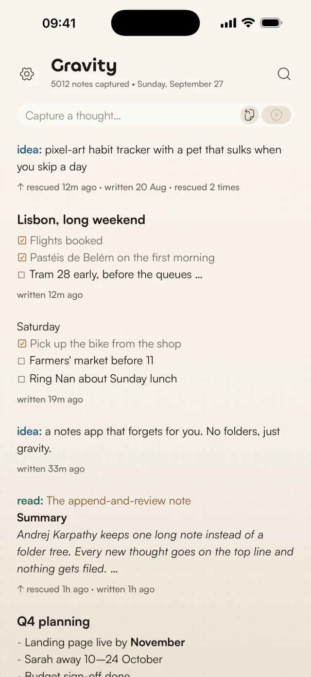 Gravity on iPhone showing one stream of notes: a rescued idea about a pixel-art habit tracker at the top, a Lisbon weekend checklist, a Saturday checklist, an idea note and a read: note summarising the append-and-review note