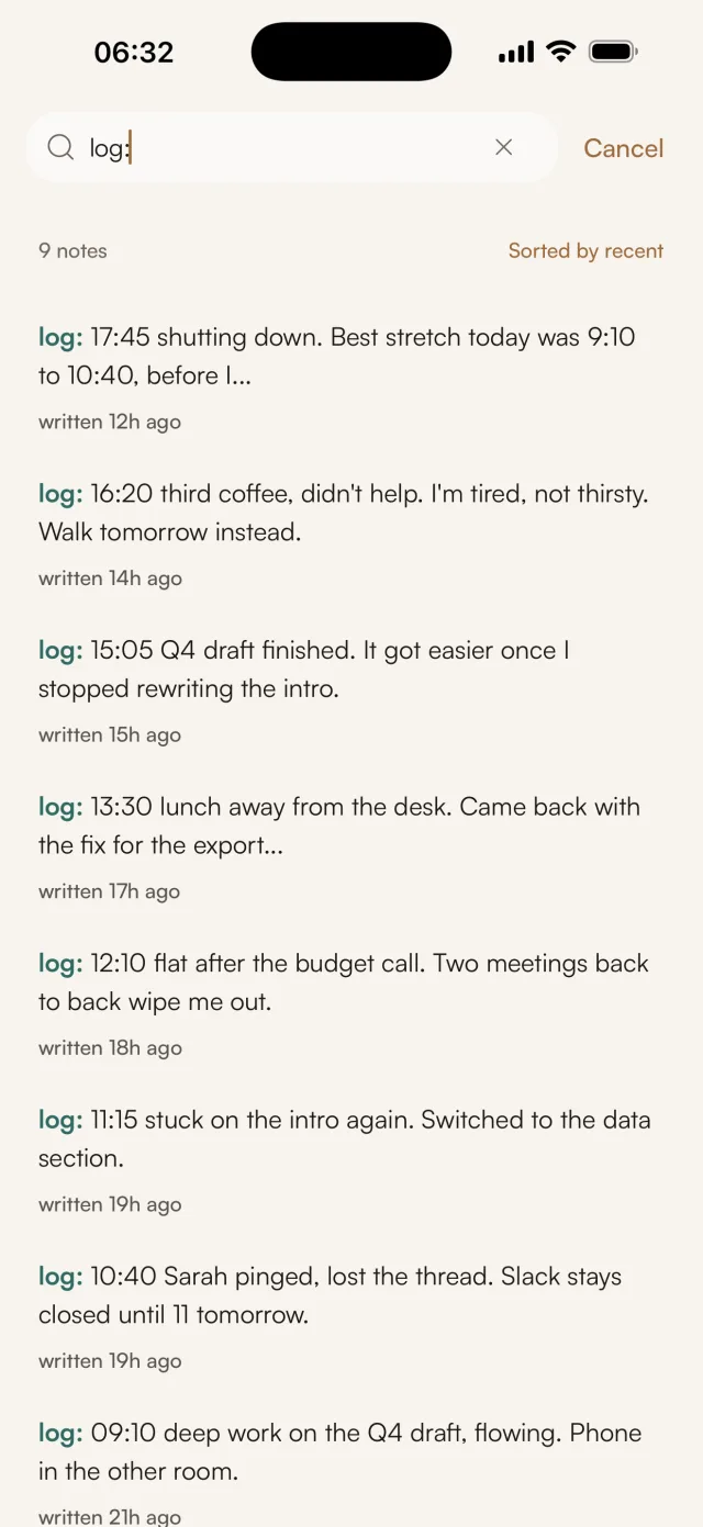 Gravity search on iPhone filtered to the log: tag, showing 9 notes sorted by recent, from the 17:45 shutdown entry down to 09:10 deep work on the Q4 draft