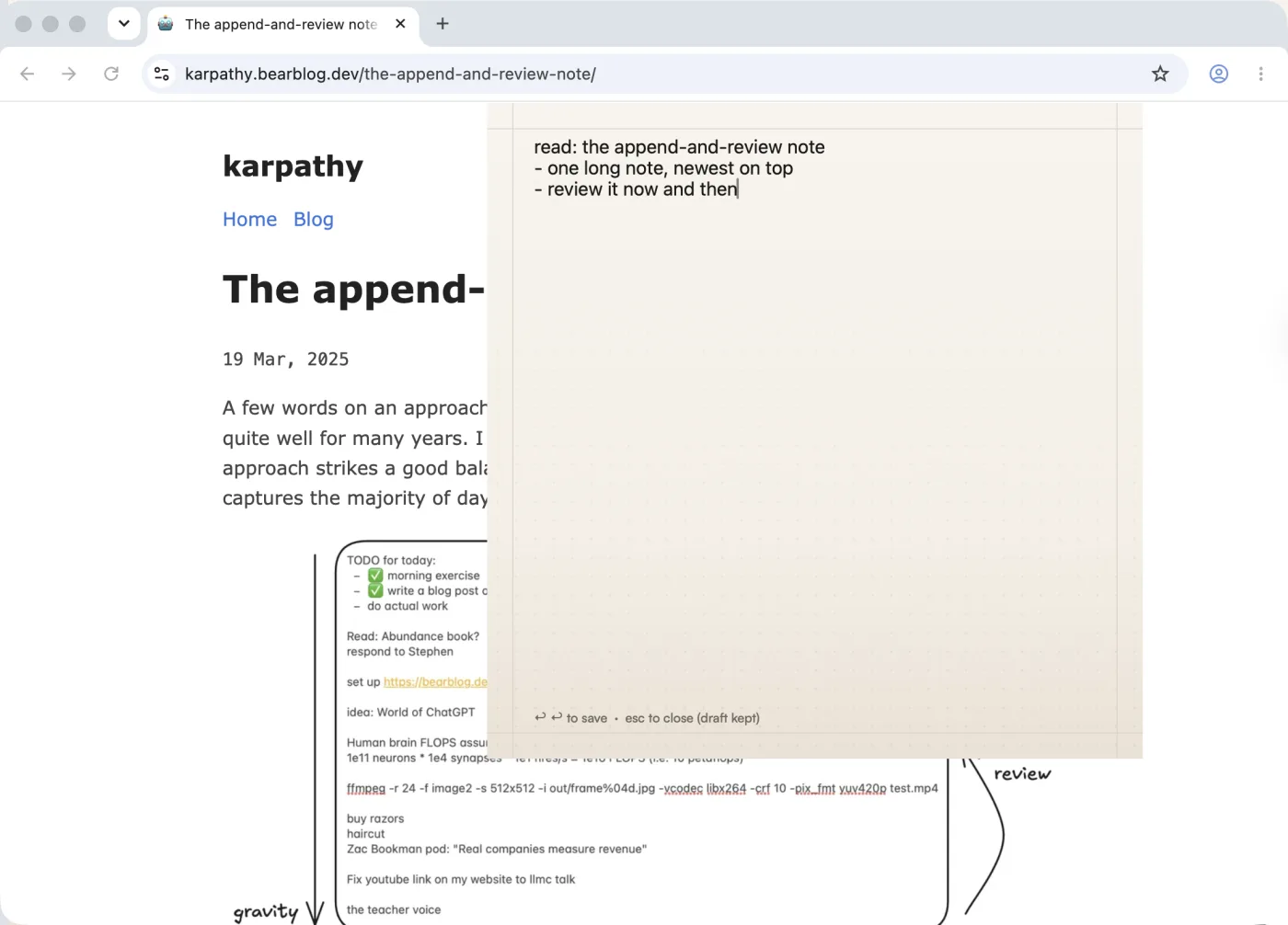 Gravity's capture panel on the Mac, open over a Chrome window, with a three-line note being typed and a hint at the bottom to press Return twice to save