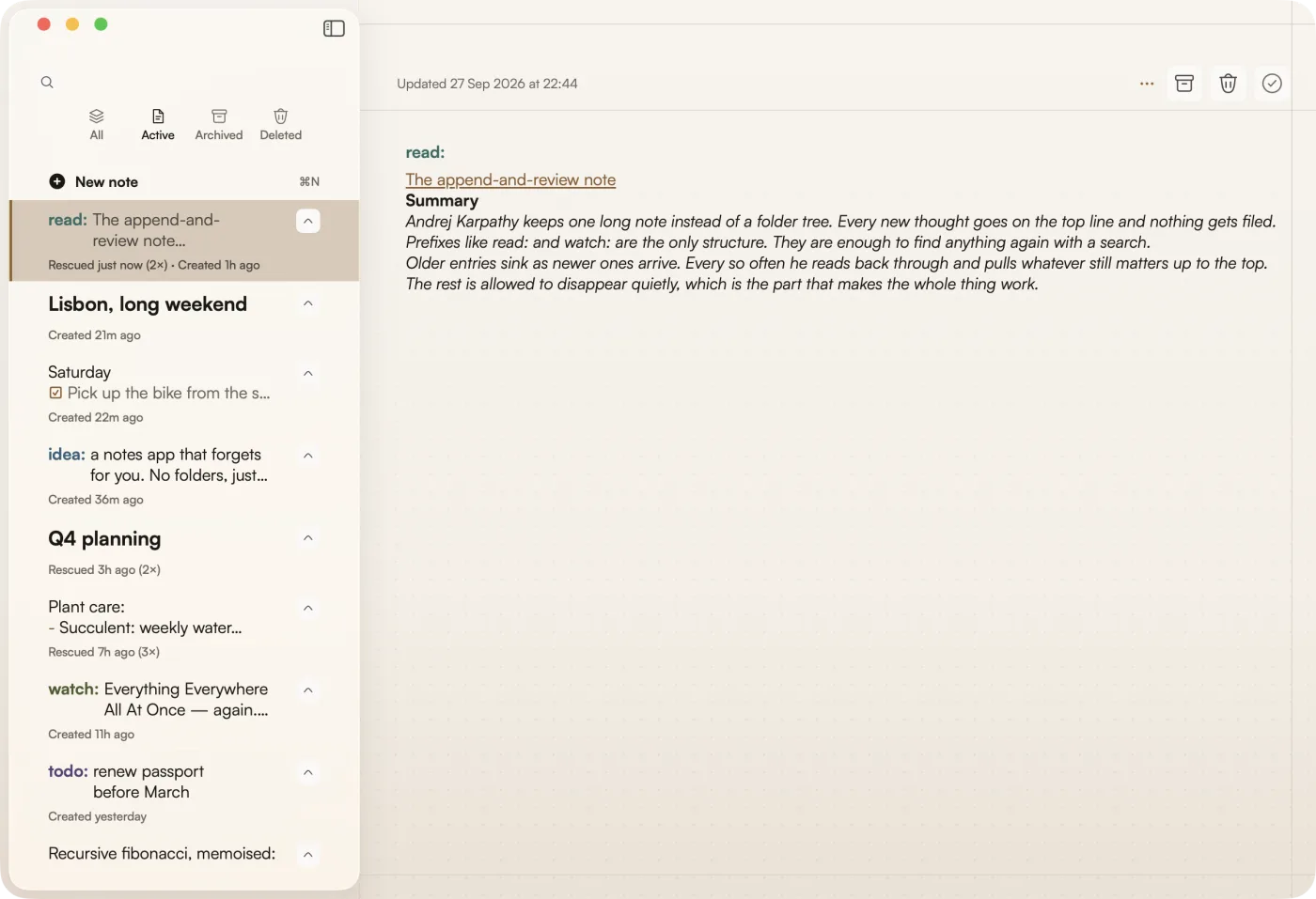 Gravity on the Mac with the stream in a sidebar and the selected read: note about the append-and-review note open on the right, marked rescued just now, twice